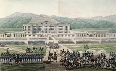 La Llegada de Napoleón Bonaparte (1769-1821) al Schloss Schonbrunn, grabado por Aubertin, c.1820
